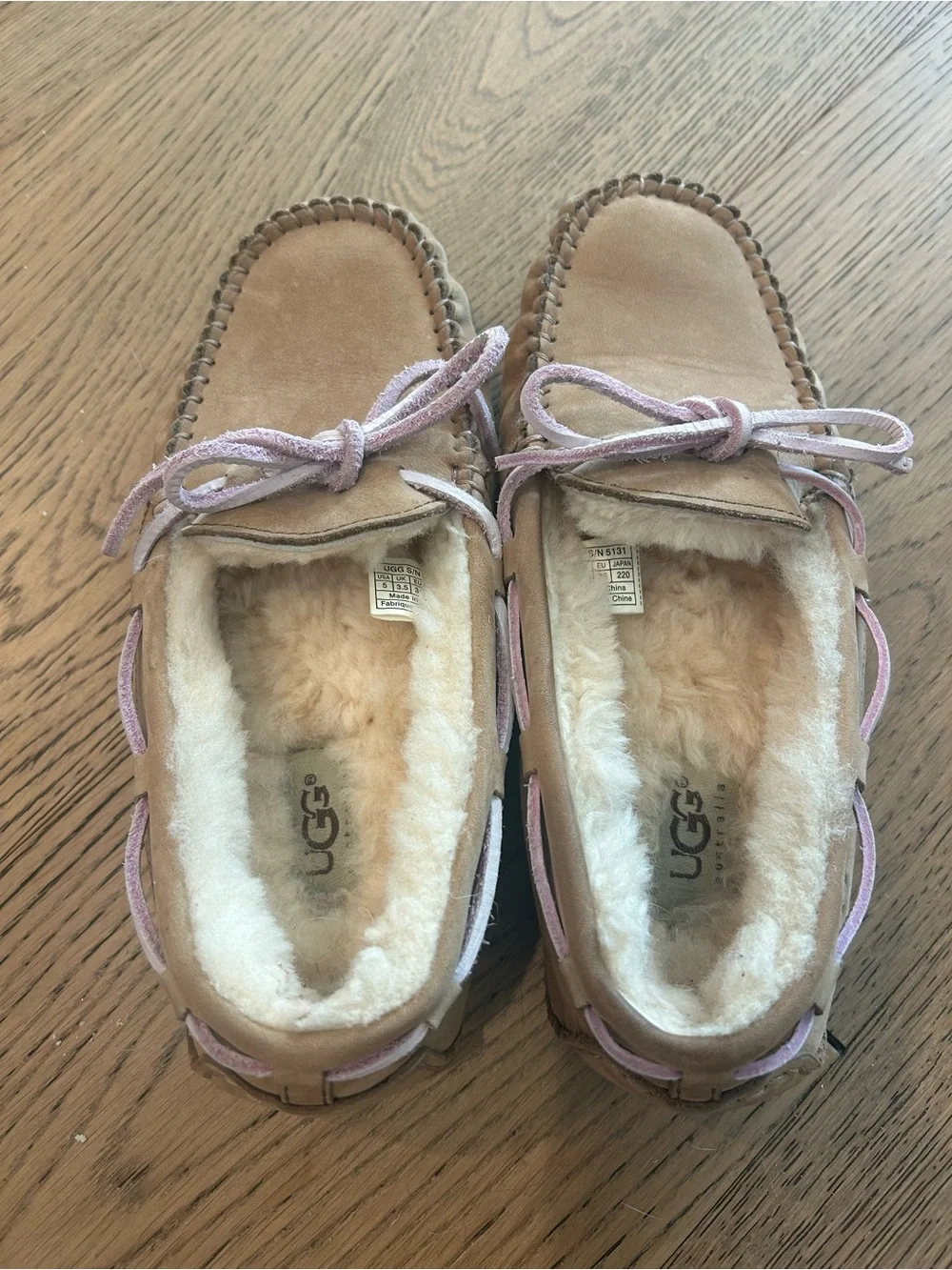 UGG Suede Moccasin Slipper in Chestnut with Light Pink Laces